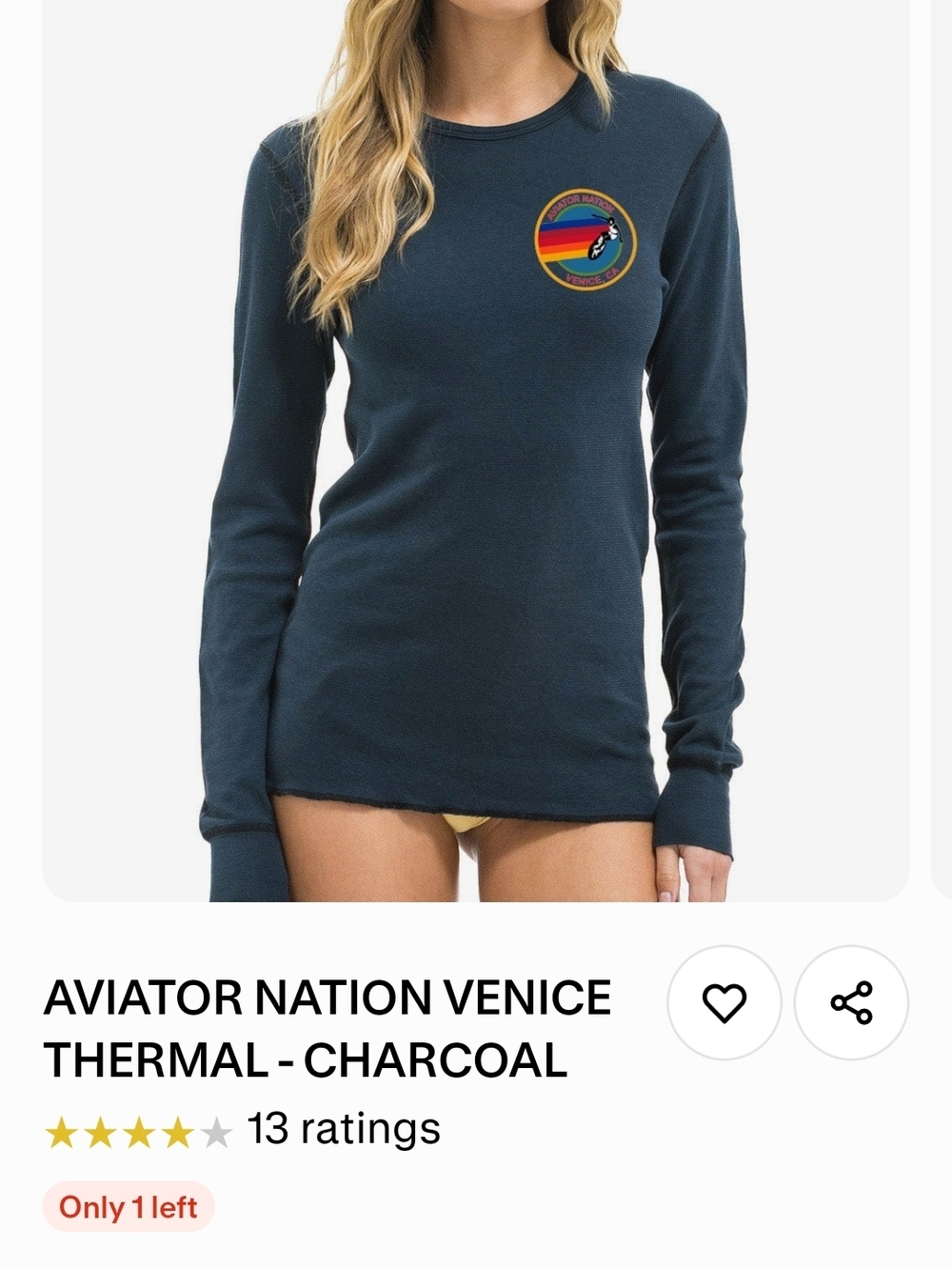 Aviator Nation Charcoal Long Sleeve Thermal Top with Rainbow Patch Size XL